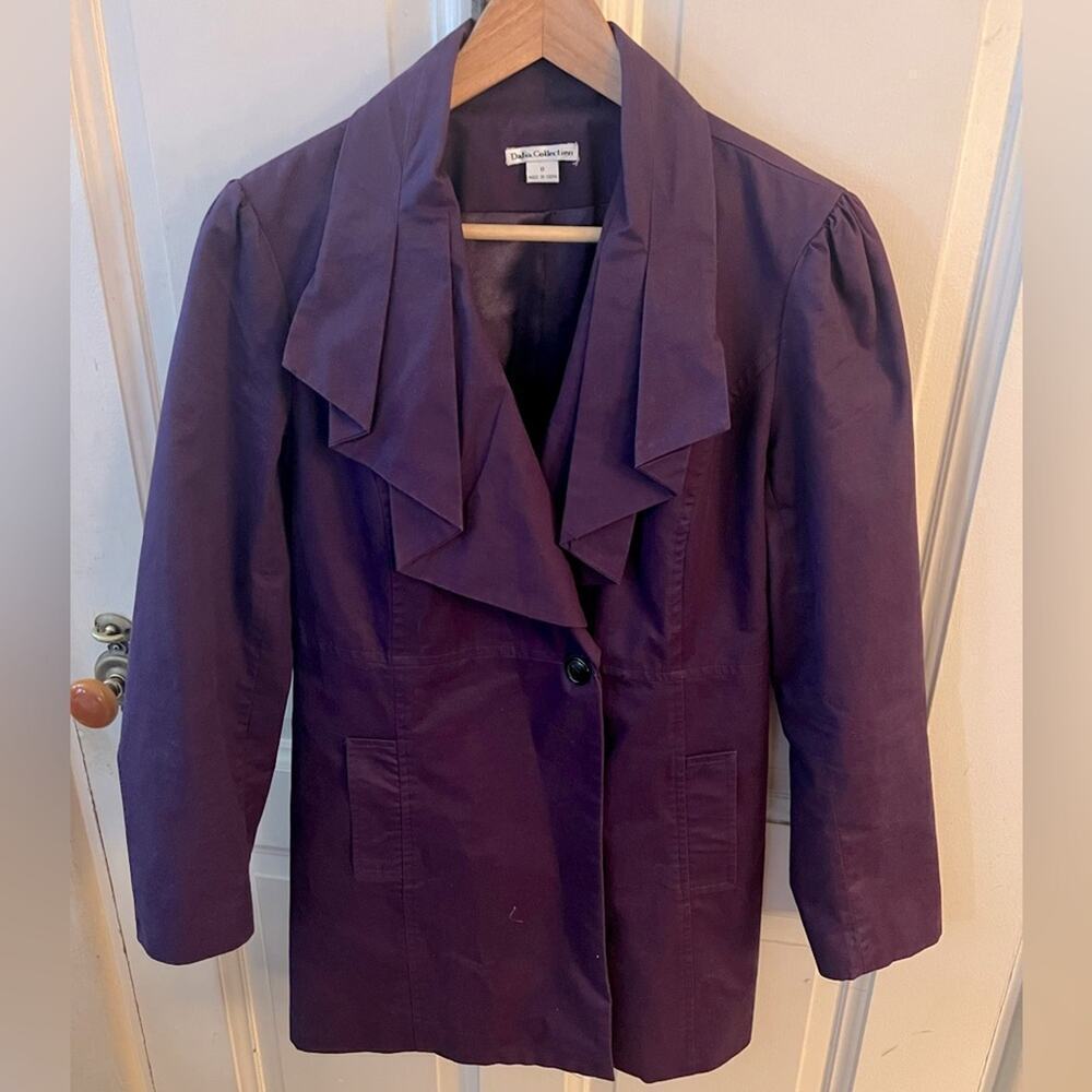 Vintage Y2K romantic, witchy eggplant trench coat with ruffle flounce detail